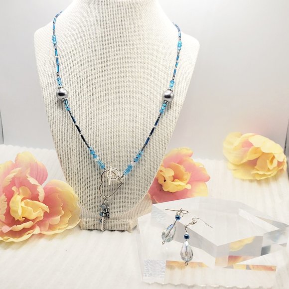 Dark Blue Hematite & Heart Charm Dangle Boho Wrap Bracelet/Necklace Earrings Set - Picture 17 of 17